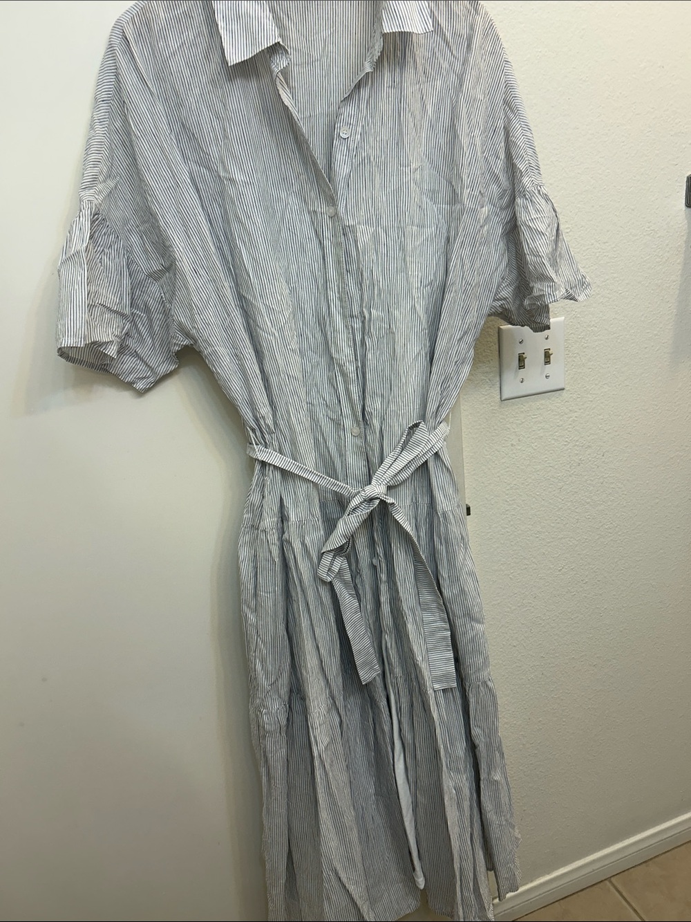 Signature Light Blue & White Striped Midi Shirt Dress with Tie Waist